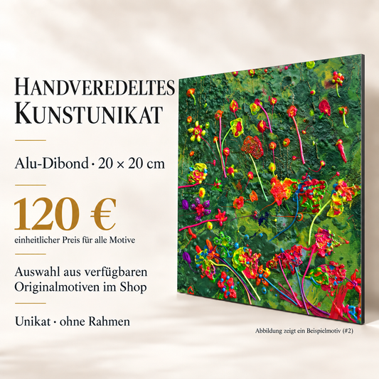 Handveredeltes Kunstunikat auf Alu-Dibond 20 x 20 cm